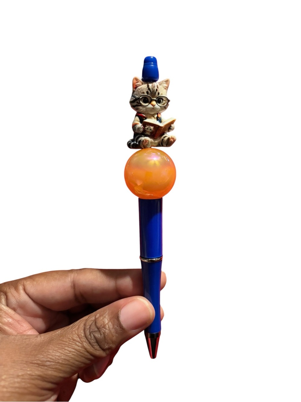 Handmade Blue & Orange Cat Novelty Pen - Cute Reading Cat Topper